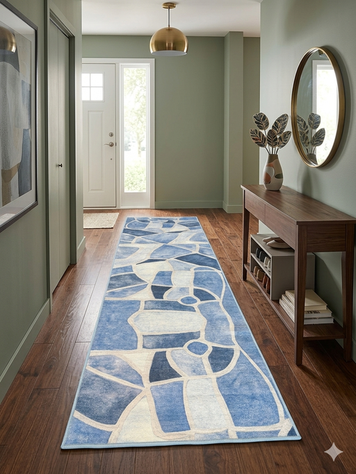 2.7' x 8' Runner Blue & Ivory Abstract Geometric Modern Washable Area Rug styled in an entryway hallway with a console table and wall mirror.