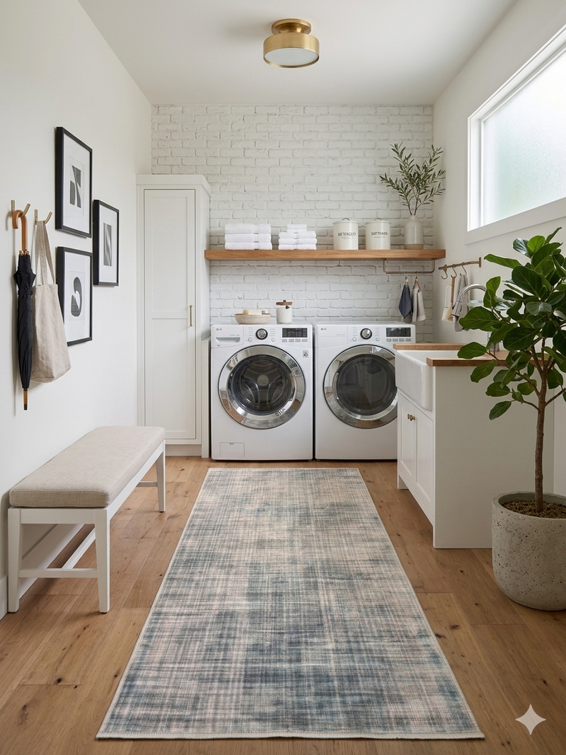 2.8' x 8' runner ivory & blue distressed linear modern area rug placed in a clean laundry room with white cabinetry and modern appliances.