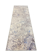 2.8' x 8' runner ivory gray & blue marble swirl abstract modern area rug isolated on a white background.