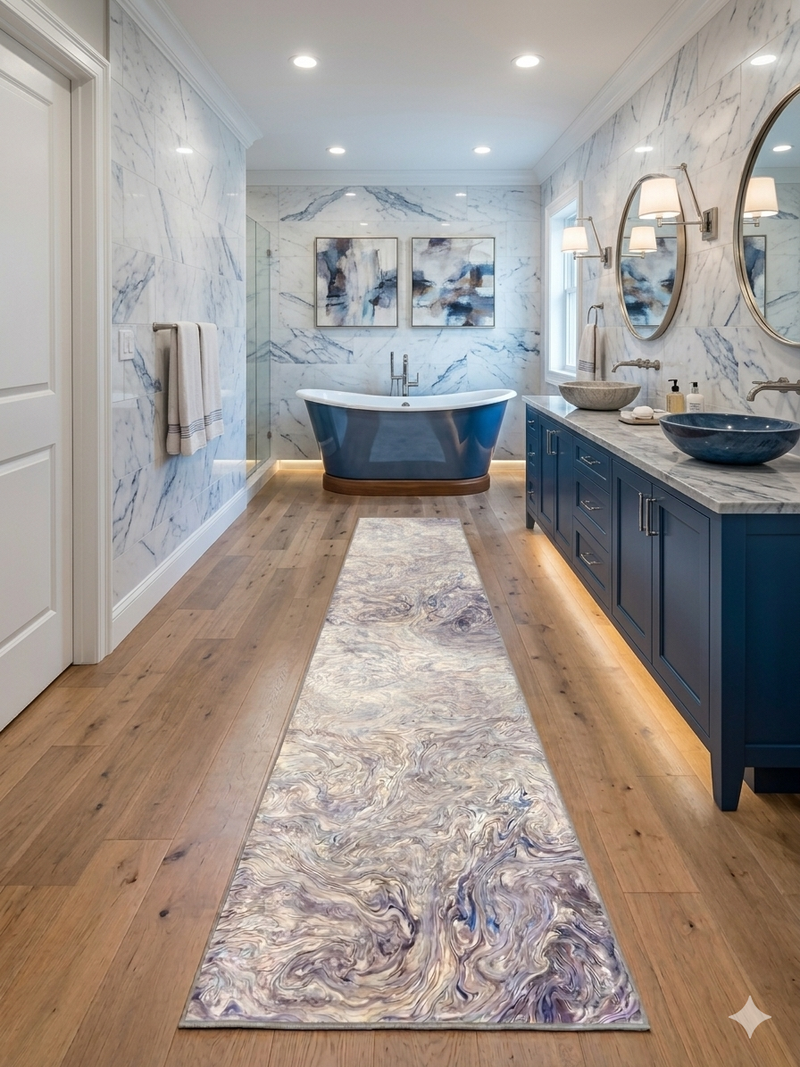 2.8' x 8' runner ivory gray & blue marble swirl abstract modern area rug placed in a bathroom with marble walls, double vanity, and a freestanding tub.