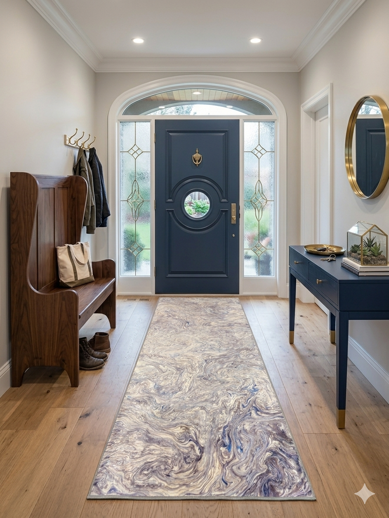 2.8' x 8' runner ivory gray & blue marble swirl abstract modern area rug styled in an entryway with a dark front door, console table, and minimal decor.