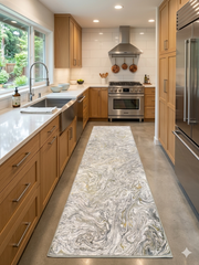 2.8' x 8' runner ivory & gray marble swirl abstract modern area rug placed in a bright kitchen with wood cabinetry, stainless appliances, and clean white surfaces.