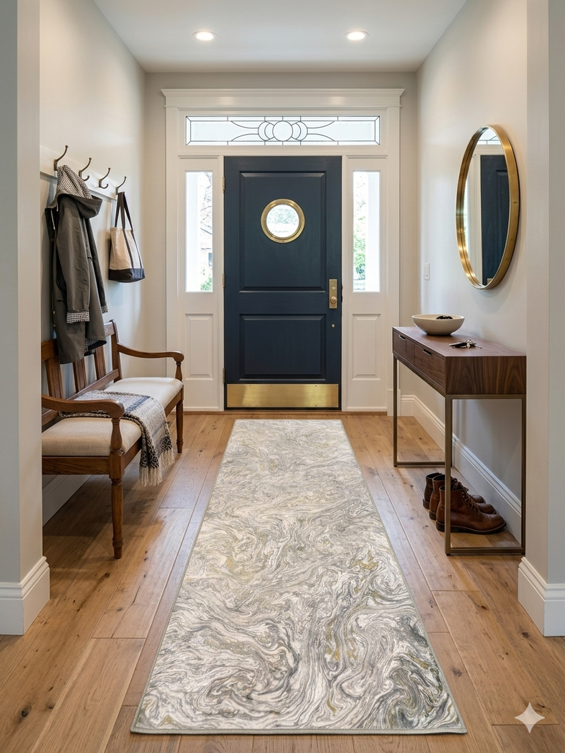 2.8' x 8' runner ivory & gray marble swirl abstract modern area rug styled in an entryway with a dark front door, console table, and minimal decor.