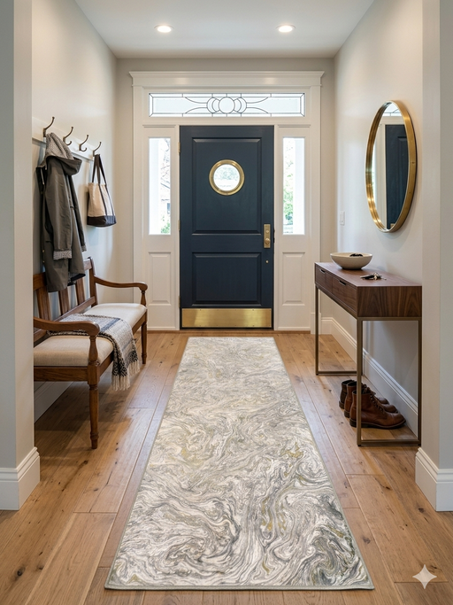2.8' x 8' runner ivory & gray marble swirl abstract modern area rug styled in an entryway with a dark front door, console table, and minimal decor.