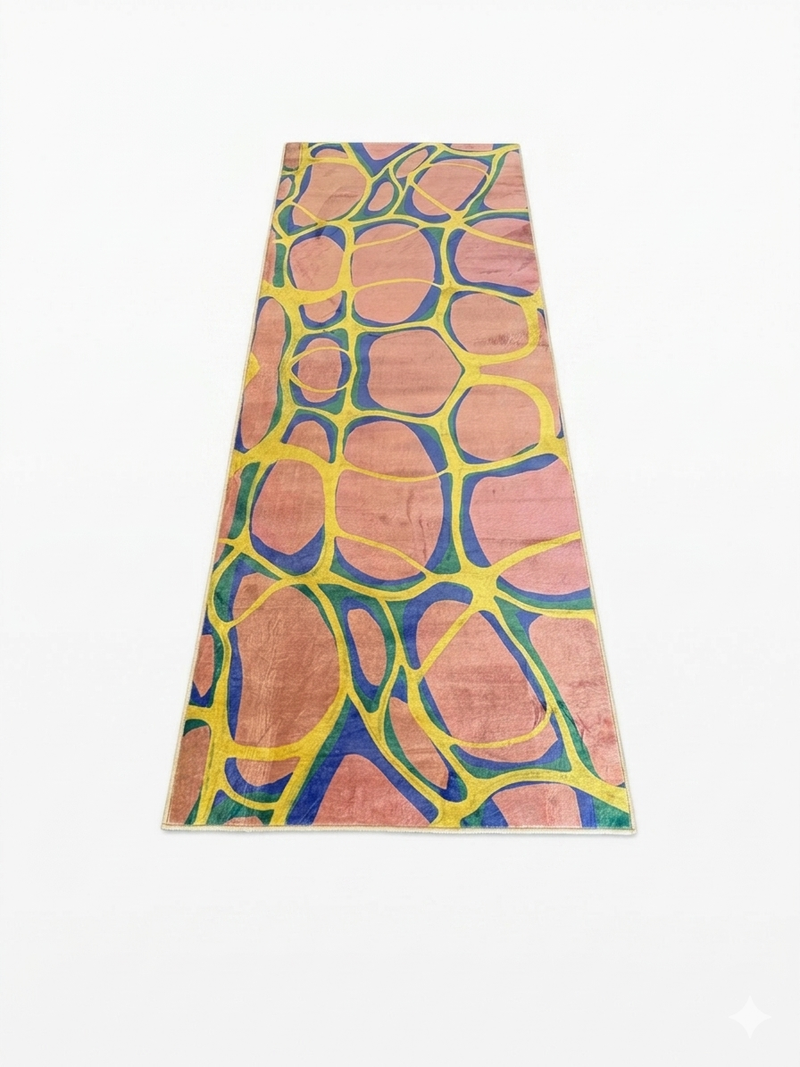 2.8' x 8' runner multicolor terracotta & blue abstract organic geometric modern area rug isolated on a white background.