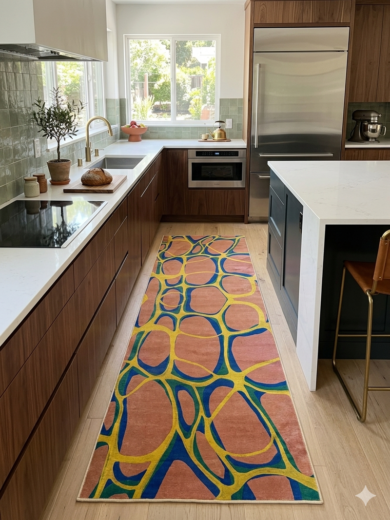 2.8' x 8' runner multicolor terracotta & blue abstract organic geometric modern area rug placed in a bright kitchen with wood cabinetry, white countertops, and light wood flooring.