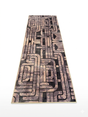 2.8' x 8' runner taupe & brown geometric maze modern area rug isolated on a white background.