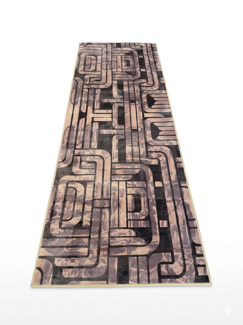2.8' x 8' runner taupe & brown geometric maze modern area rug isolated on a white background.