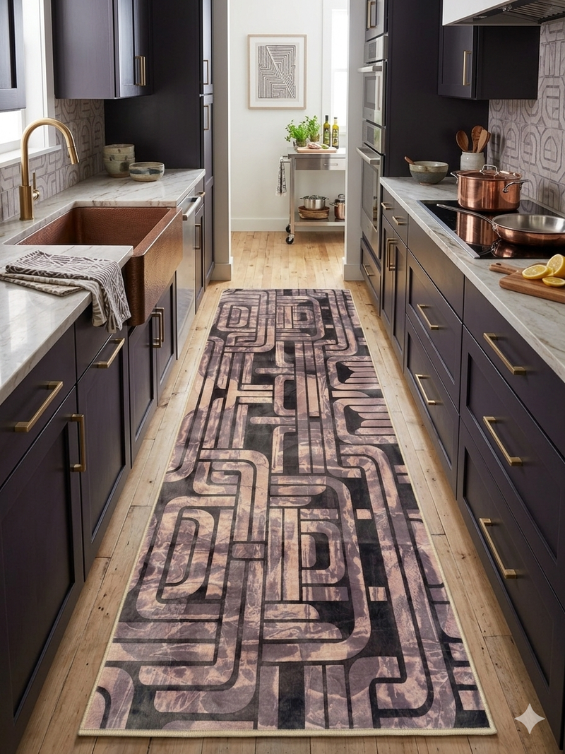 2.8' x 8' runner taupe & brown geometric maze modern area rug placed in a contemporary kitchen with dark cabinetry and brass accents.