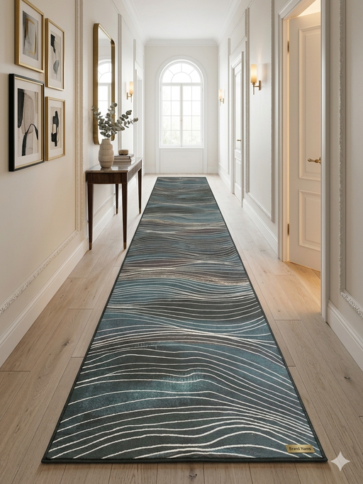 2.9' x 12' Runner Teal & Gray Wavy Line Abstract Modern Washable Area Rug styled in a hallway with a console table and wall art.