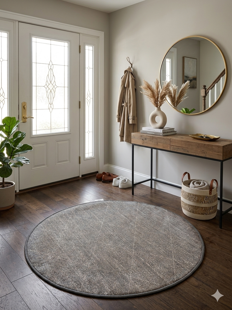 3' Round Taupe Gray Distressed Minimalist Modern Washable Area Rug placed in an entryway with a console table, round mirror, and neutral decor.