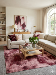 8' x 10' Rectangular Blush & Burgundy Distressed Abstract Modern Area Rug isolated on a white background.