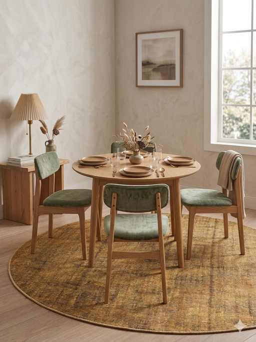 6' Round Gold & Brown Distressed Abstract Modern Washable Area Rug styled in a dining area with a round table, upholstered chairs, and soft natural light.