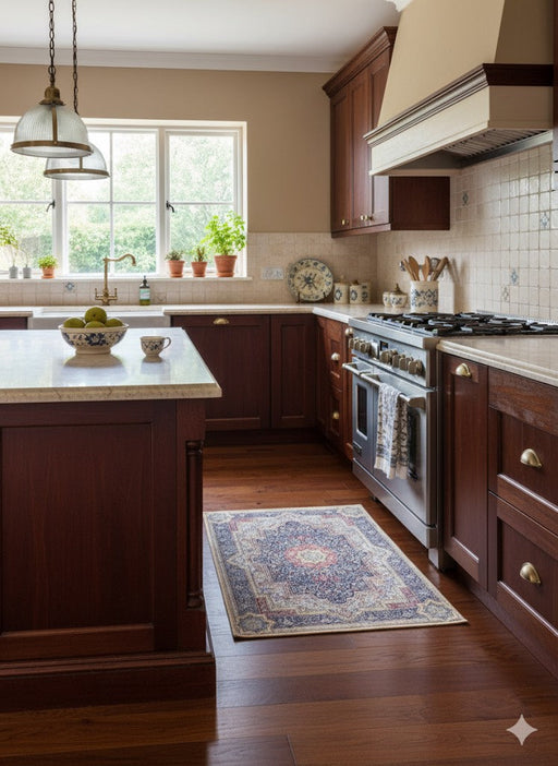 2' x 3' Blue & Red Cream Soft Gold Traditional Medallion Kitchen & Entryway Area Rug placed in a modern farmhouse kitchen beside a wood island.
