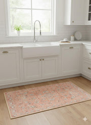 2' x 3' Blush Pink & Ivory Soft Beige Muted Sage Floral Runner Area Rug placed in a bright kitchen walkway.