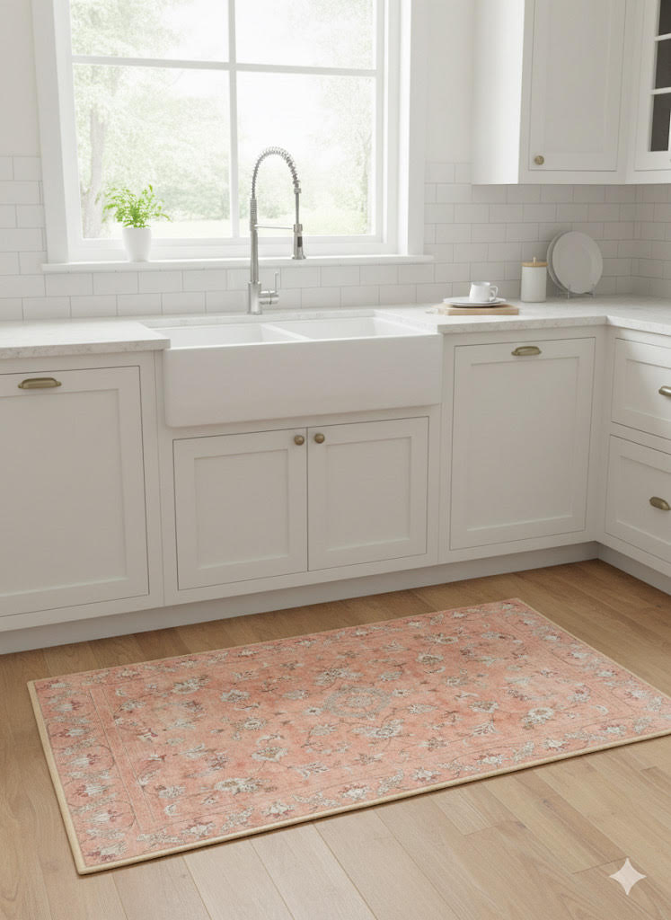 2' x 3' Blush Pink & Ivory Soft Beige Muted Sage Floral Runner Area Rug placed in a bright kitchen walkway.