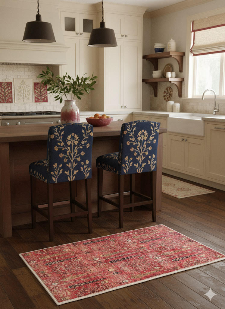 2' x 3' Deep Red Blush Pink Vintage Tribal Area Rug placed in a modern farmhouse kitchen beside a wood island.