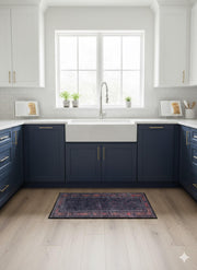2' x 3' Midnight Navy Deep Charcoal Burnt Rust Vintage Distressed Area Rug placed in a bright modern farmhouse kitchen.