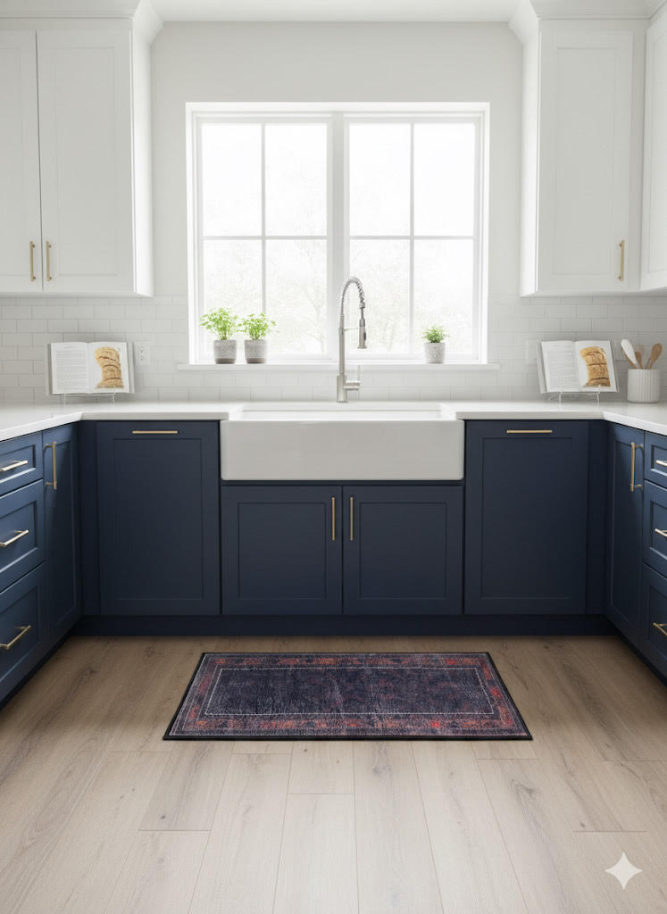 2' x 3' Midnight Navy Deep Charcoal Burnt Rust Vintage Distressed Area Rug placed in a bright modern farmhouse kitchen.