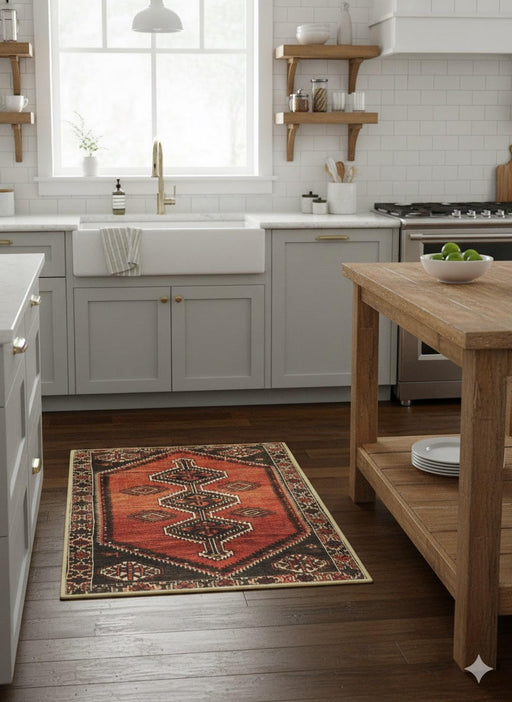 2' x 3' Multi Color Vintage Tribal Medallion Accent Rug placed in a contemporary kitchen with gray cabinets and light wood flooring.
