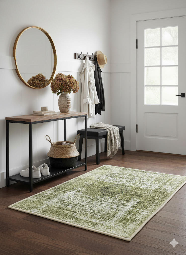 2' x 3' Olive Green Cream / Off-White Vintage Distressed Runner Area Rug   placed in a bright entryway with wood floors