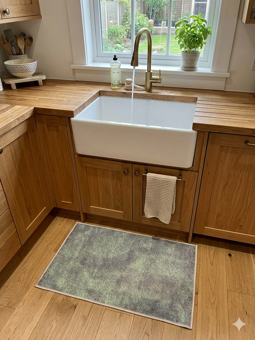 2' x 3' Rectangle Sage Green & Gray Distressed Modern Washable Area Rug placed in a cozy kitchen in front of a farmhouse sink with warm wooden cabinetry and natural light.