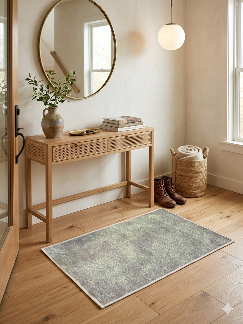 2' x 3' Rectangle Sage Green & Gray Distressed Modern Washable Area Rug styled in a welcoming entryway beneath a wooden console table with decorative accents and a round wall mirror.
