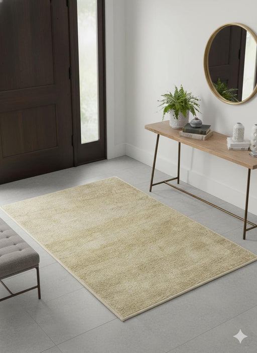 2' x 3' Rectangular Beige Ivory & Light Taupe Solid Modern Area Rug styled in a minimalist entryway near a console table and front door.
