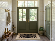 2' x 3' Rectangular Black & Ivory Floral Traditional Area Rug placed in an elegant entryway.