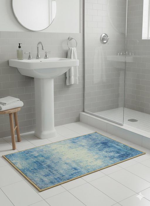 2' x 3' Rectangular Blue Abstract Washable Area Rug placed in a modern bathroom with sleek tiles, a pedestal sink, and a glass shower.