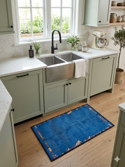 2' x 3' Rectangular Blue Multicolor Border Modern Washable Area Rug placed in a bright kitchen in front of a farmhouse sink and sage green cabinets.