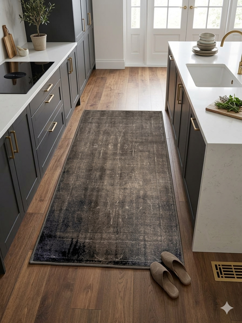 2' x 3' Rectangular Brown Distressed Minimalist Vintage Area Rug styled in a modern kitchen.