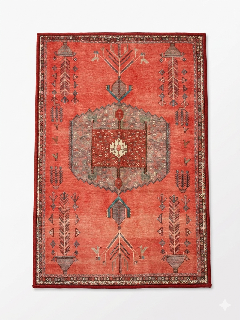 2' x 3' Rectangular Coral Red Tribal Medallion Traditional Washable Area Rug isolated on a white background.