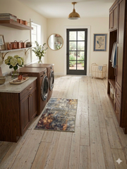 2' x 3' Rectangular Gray Gold Abstract Modern Washable Area Rug styled in a laundry room with built-in dark wood cabinetry, front-loading washer and dryer, and a glass-paneled back door.