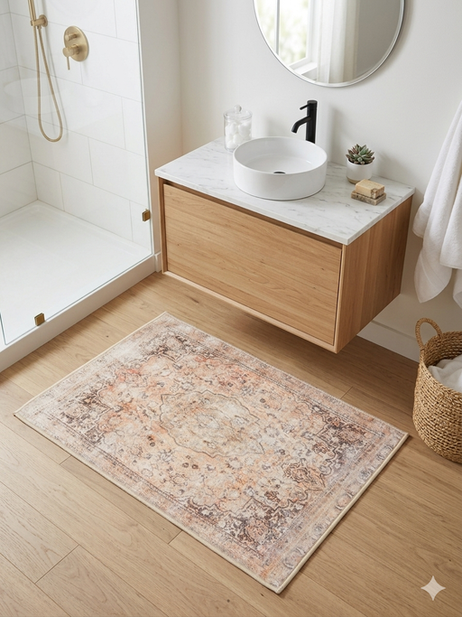 2' x 3' Rectangular Ivory & Blush Distressed Medallion Vintage Washable Area Rug styled in a bathroom with light wood vanity and soft neutral tones.