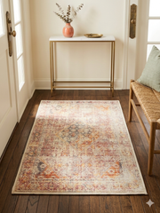 2' x 3' Rectangular Ivory Rust Distressed Medallion Vintage Traditional Area Rug styled in an entryway with a slim console table and decorative accents.