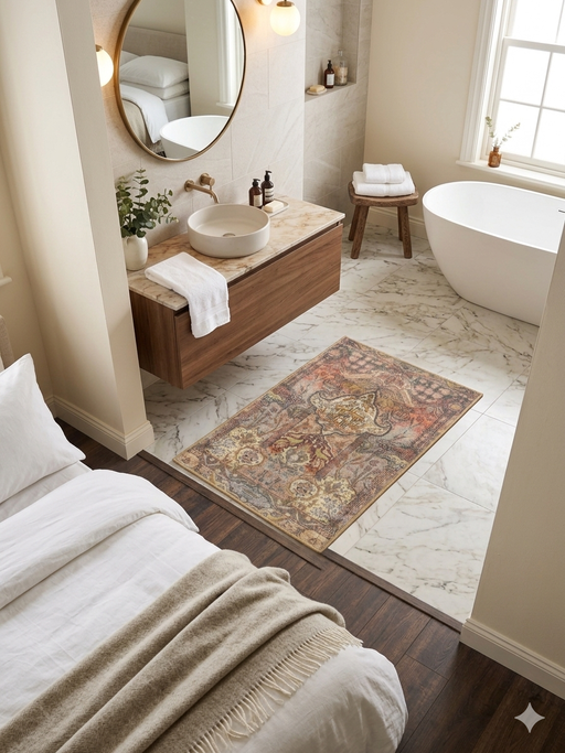 2' x 3' Rectangular Multi Color Traditional Pictorial Persian Style Area Rug styled in a bathroom with marble flooring and warm wood accents.