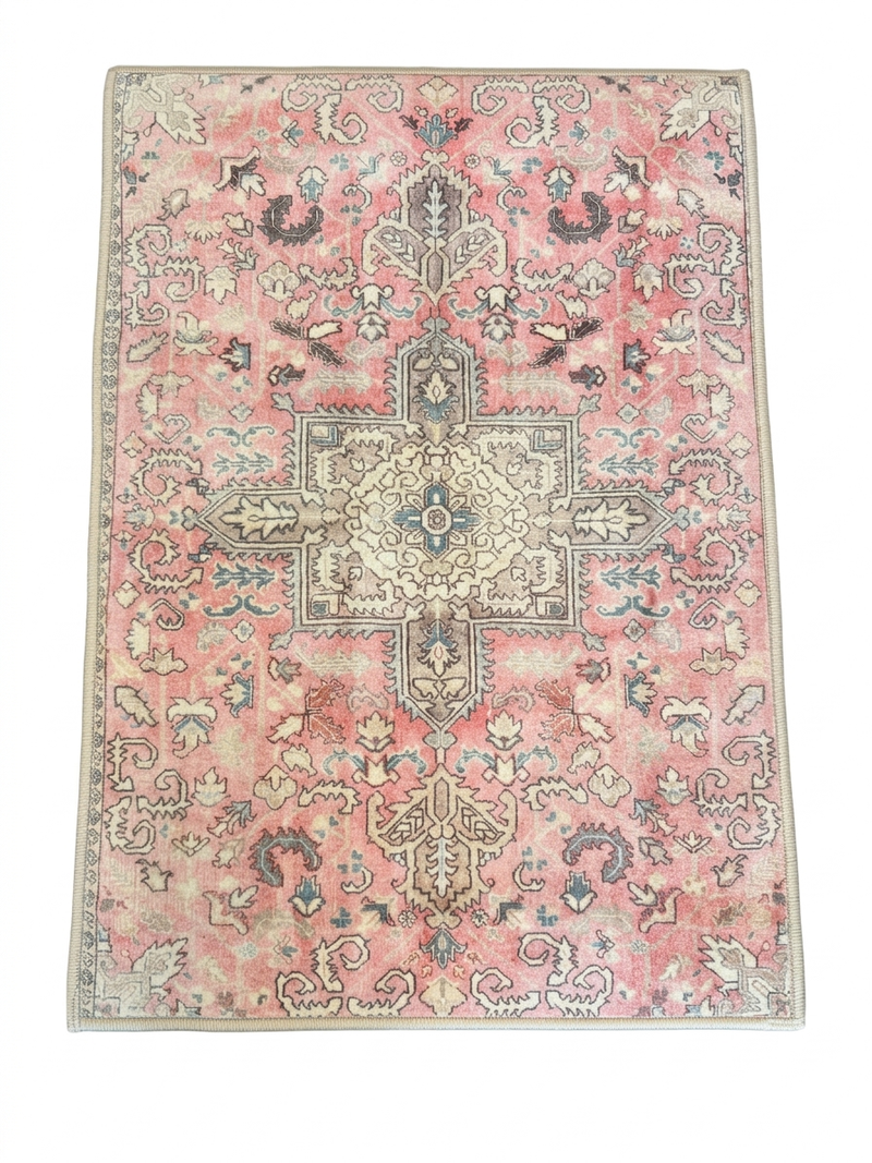 2' x 3' Rectangular Pink Ivory Distressed Medallion Vintage Traditional Area Rug isolated on a white background.