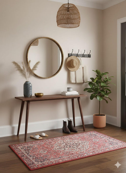 2' x 3' Rectangular Red Ivory Floral Medallion Traditional Area Rug placed in a stylish entryway with wooden console table and round mirror.