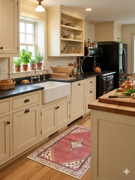 2' x 3' Rectangular Red & Ivory Tribal Geometric Traditional Washable Area Rug styled in a kitchen near a sink and cabinets.
