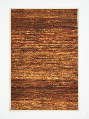 2' x 3' Rectangular Rust Gold Distressed Abstract Modern Washable Area Rug displayed on a white background, highlighting its textured rust, brown, and gold abstract design.
