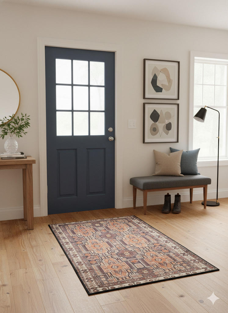 2' x 3' Warm Brown Beige Vintage Tribal Medallion Area Rug  styled in an entryway.