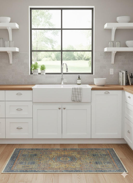 2' x 3' blue multi-color vintage medallion accent rug placed in front of a farmhouse kitchen sink with white cabinetry and natural wood flooring.