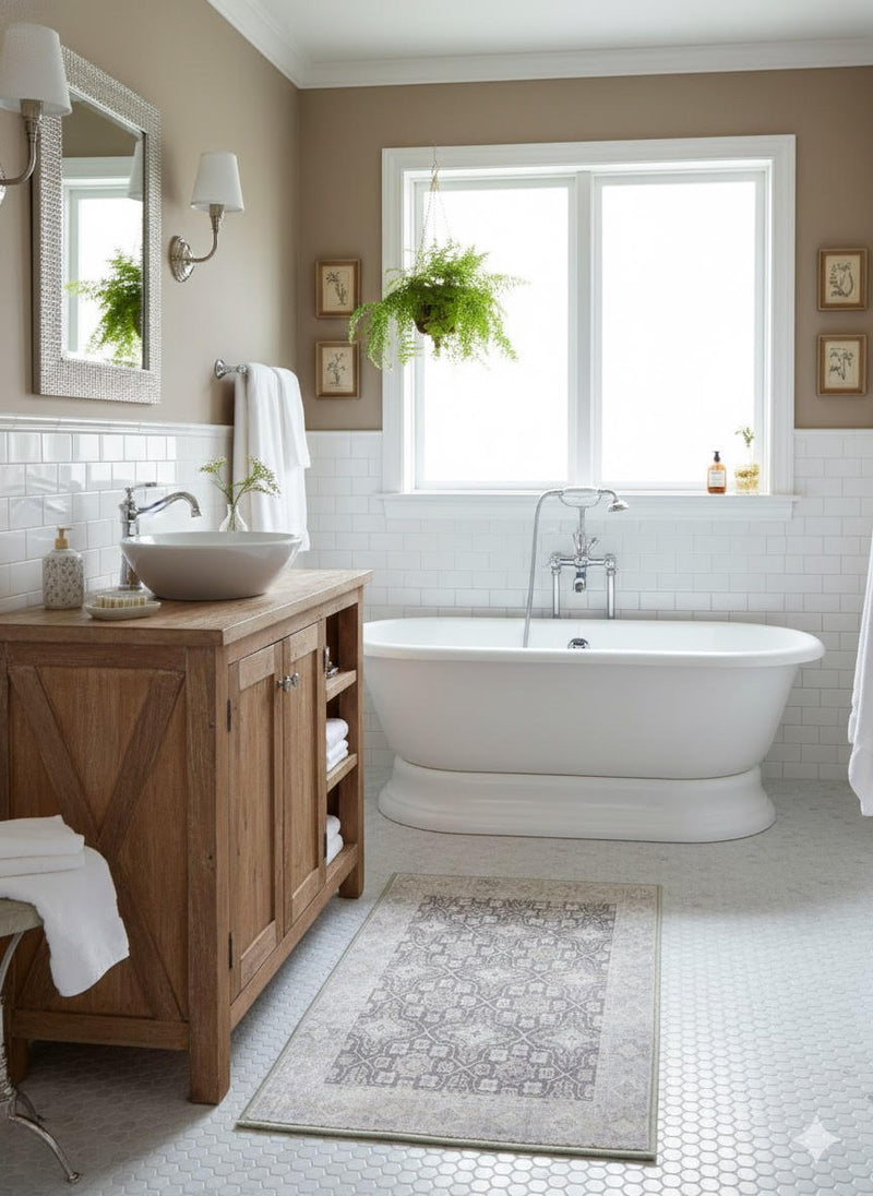 2' x 3' gray, beige, and ivory geometric transitional area rug placed in a bright bathroom with a freestanding tub, wood vanity, and neutral décor.