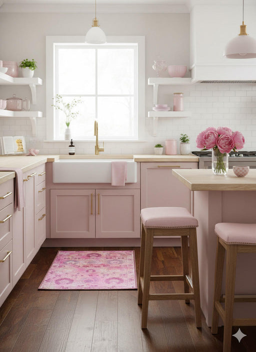 2' x 3' pink and light cream distressed vintage washable accent rug styled in a bright pastel kitchen with blush cabinetry and gold hardware.