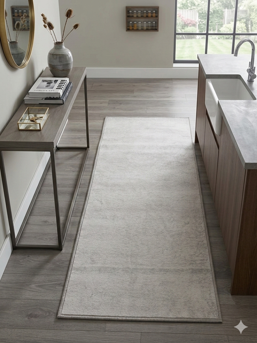 2' x 4' Rectangle Light Gray Solid Minimalist Washable Area Rug placed in a modern kitchen hallway with console table and sink area.