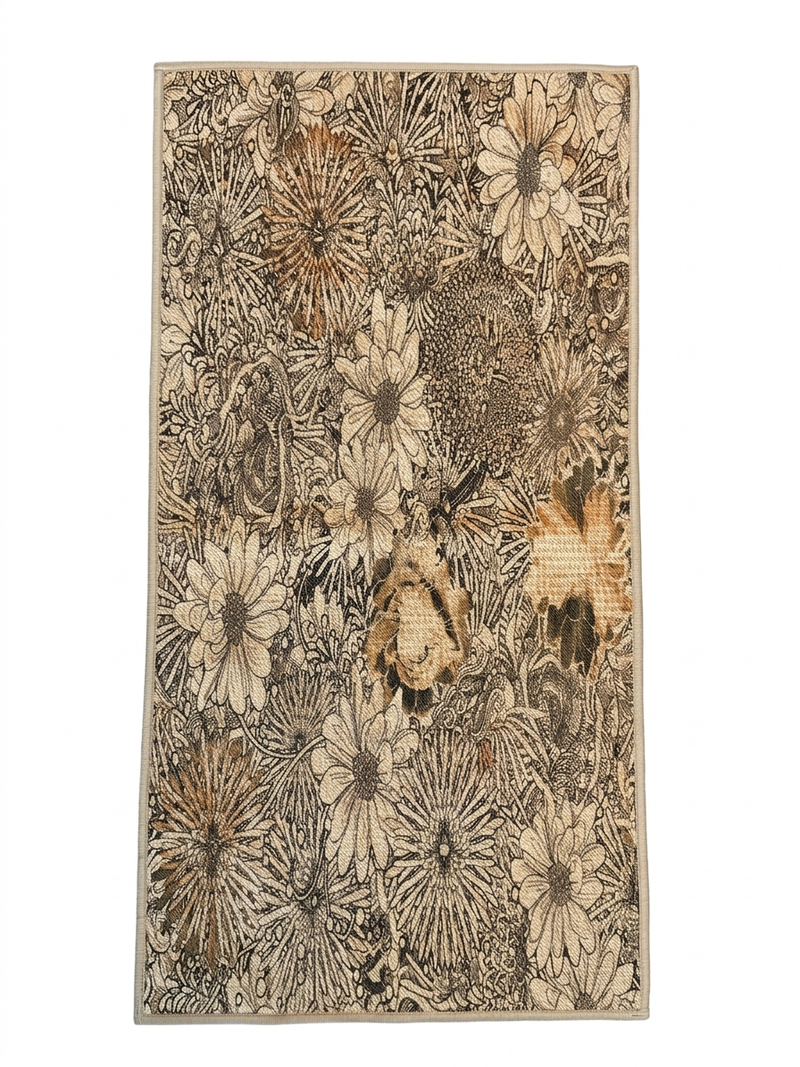 2' x 4' Rectangular Beige & Brown Floral Botanical Modern Washable Area Rug displayed on a plain background.