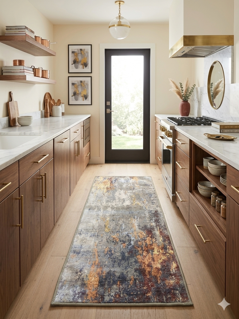 2' x 4' Rectangular Gray Gold Abstract Modern Washable Area Rug styled in a modern kitchen with walnut cabinets, marble countertops, and a glass back door.