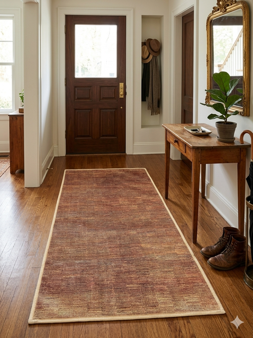 2' x 4' Rectangular Rust Orange & Beige Solid Textured Modern Washable Area Rug placed in a welcoming entryway on hardwood floors.