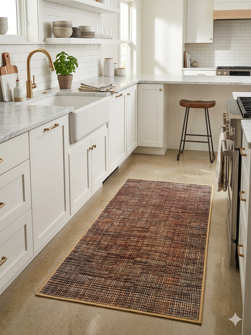 2' x 4' Runner Brown & Beige Distressed Abstract Modern Area Rug styled in a bright kitchen.